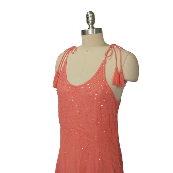 Free People Seeking Sequins Mini Slip Dress Size S Coral Pink Tassels Gauze - Picture 4 of 7